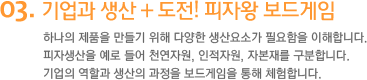 3. 기업과 생산 + 도전! 피자왕 보드게임 하나의 제품을 만들기 위해 다양한 생산요소가 필요함을 이해합니다. 피자생산을 예로 들어 천연자원, 인적자원, 자본재를 구분합니다. 기업의 역할과 생산의 과정을 보드게임을 통해 체험합니다.